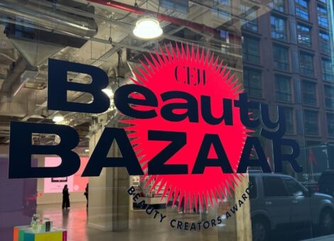 Beauty Bazaar logo and emblem on glass