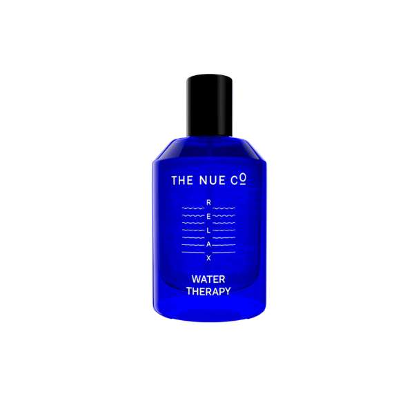 Rich blue bottle of The Nue Co. Water Therapy