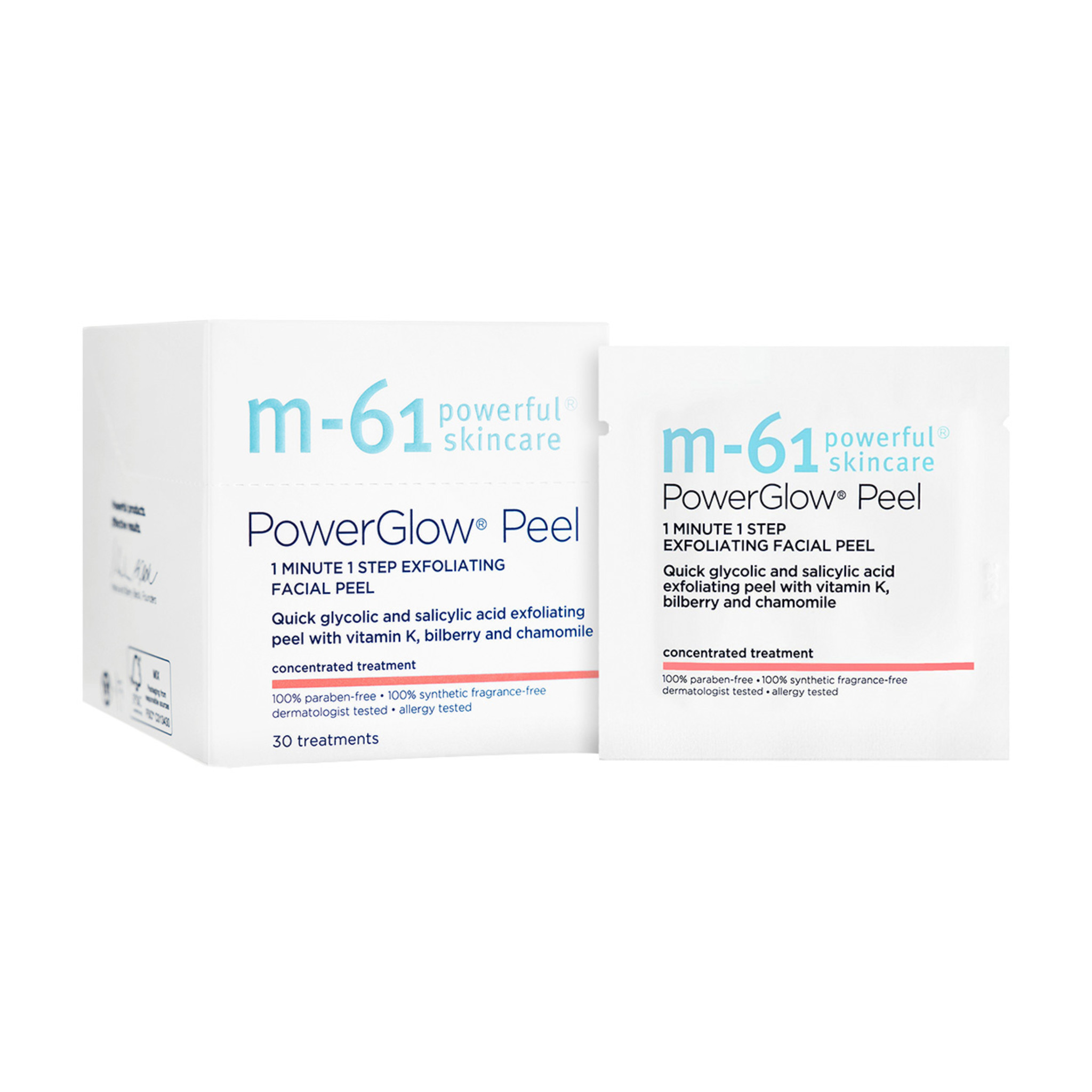 Box and individual square package of M 61 PowerGlow Peel wipes