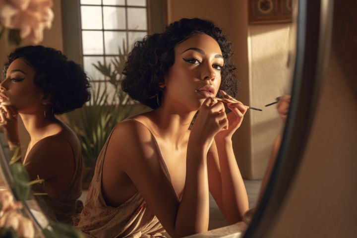 Woman applying make up in a moody lit room