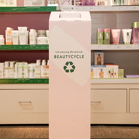 At part of its Beauty Cycle sustainability initiative, Nordstrom has introduced collection bins to accept a wide variety of empties that will be recycled for eventual reuse. 