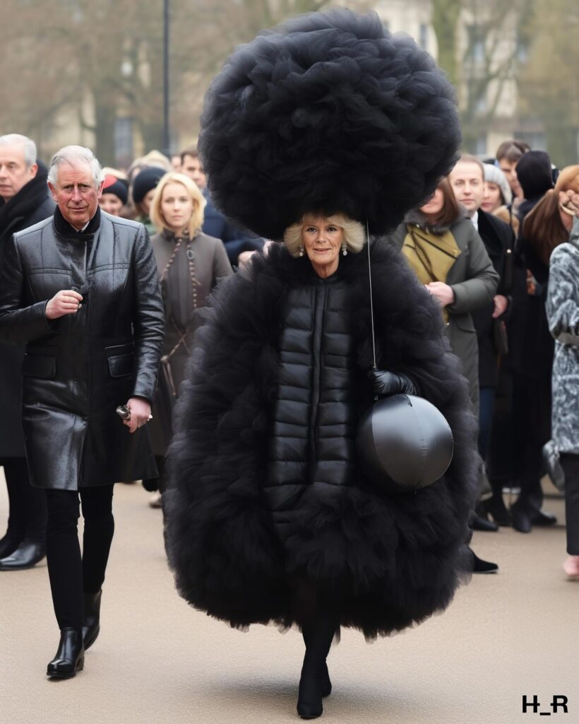AI image of Camila Parker Bowles dressed as a giant fur ball 