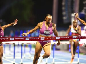 Photograph of Jasmine Camacho-Quinn racing at Athlos NYC