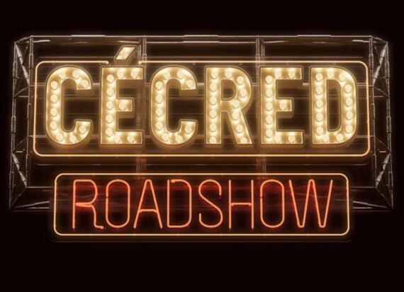 Neon sign lit up with words "CÉCRED ROADSHOW"