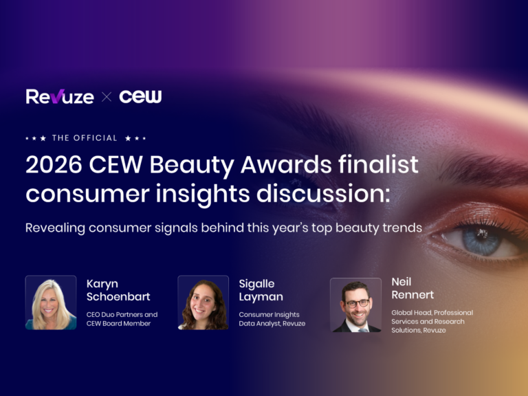 Revuze x CEW: 2026 CEW Beauty Awards finalist consumer insights discussion, with speakers Karyn Schoenbart, Sigalle Layman and Neil Rennert