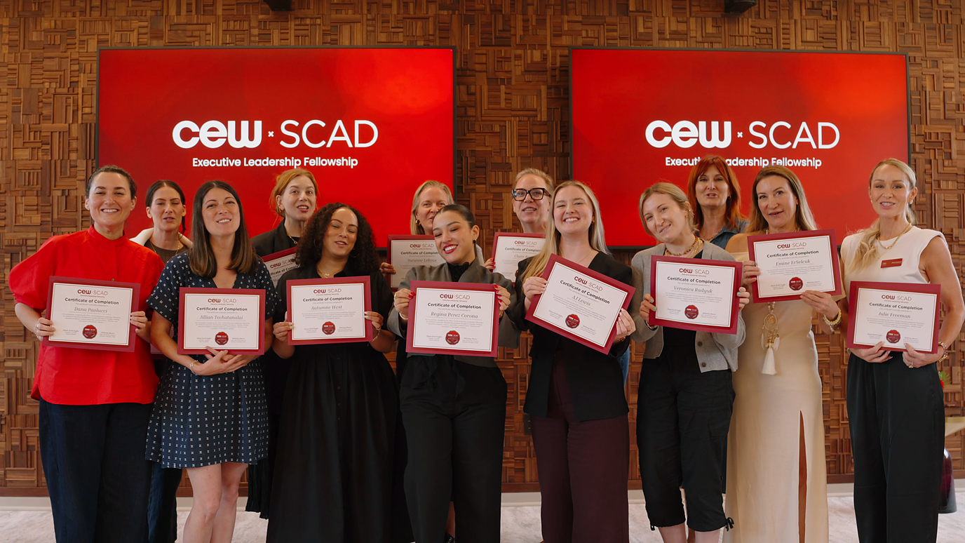 The inaugural CEW x SCAD Executive Leadership Fellowship cohort holding their certificates of completion